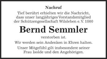 Traueranzeige von Bernd Semmler von Super Sonntag Aschersleben