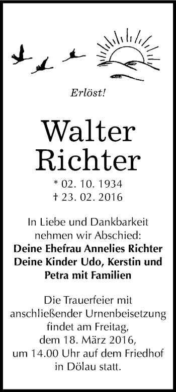 Traueranzeige von Walter Richter von Mitteldeutsche Zeitung Halle/Saalkreis