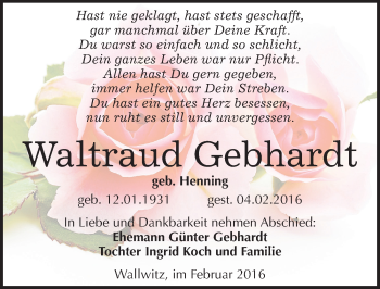 Traueranzeige von Waltraud Gebhardt von Mitteldeutsche Zeitung Quedlinburg