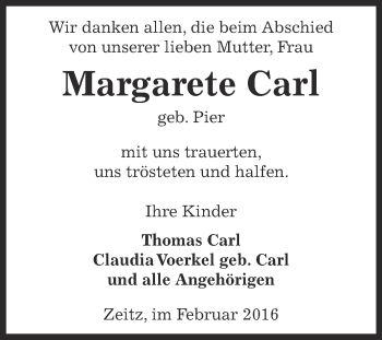 Traueranzeige von Margarete Carl von Super Sonntag Zeitz
