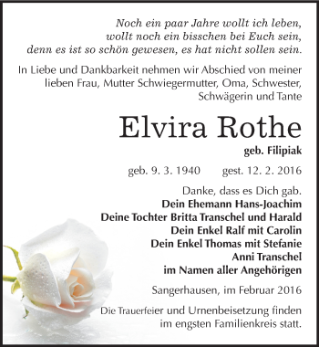 Traueranzeige von Elvira Rothe von Mitteldeutsche Zeitung Sangerhausen