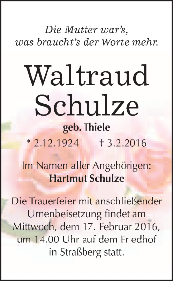 Traueranzeige von Waltraud Schulze von WVG - Wochenspiegel Quedlinburg