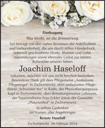 Traueranzeige von Joachim Haseloff von WVG - Wochenspiegel Wittenberg