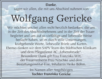 Traueranzeige von Wolfgang Gericke von WVG - Wochenspiegel Dessau / Köthen