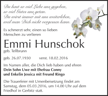 Traueranzeige von Emmi Hunschok von Super Sonntag Bernburg