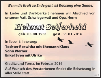 Traueranzeige von Helmut Seiferheld von Super Sonntag Zeitz