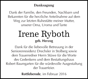 Traueranzeige von Irene Ryboth von Super Sonntag SGH Mansf. Land