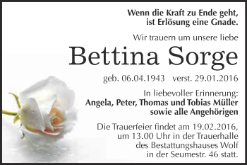Traueranzeige von Bettina Sorge von WVG - Wochenspiegel NMB / WSF / ZTZ