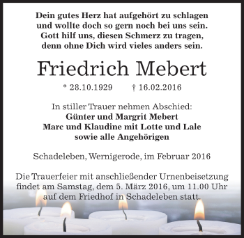 Traueranzeige von Friedrich Mebert von Mitteldeutsche Zeitung Aschersleben