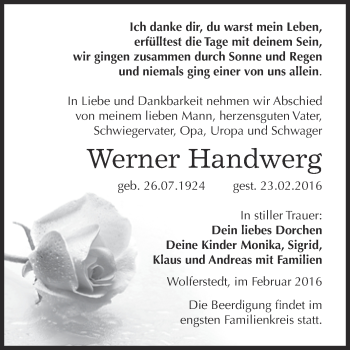 Traueranzeige von Werner Handwerg von Super Sonntag SGH Mansf. Land