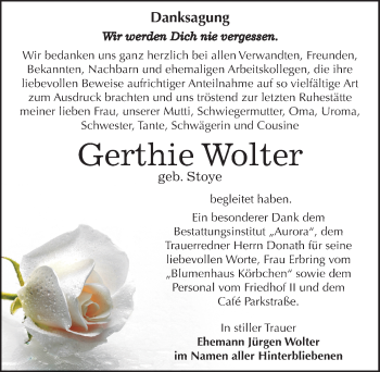 Traueranzeige von Gerthie Wolter von Mitteldeutsche Zeitung Bernburg