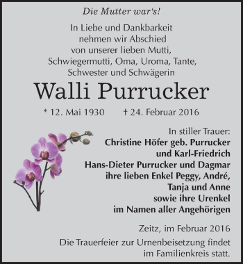 Traueranzeige von Walli Purrucker von Mitteldeutsche Zeitung Zeitz