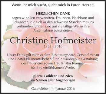 Traueranzeige von Christine Hofmeister von Super Sonntag Aschersleben