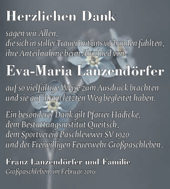 Traueranzeige von Eva-Maria Lanzendörfer von WVG - Wochenspiegel Dessau / Köthen