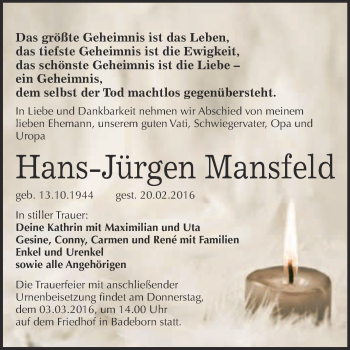 Traueranzeige von Hans-Jürgen Mansfeld von WVG - Wochenspiegel Quedlinburg