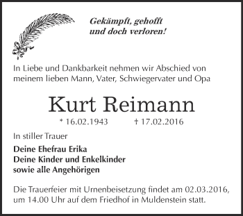 Traueranzeige von Kurt Reimann von WVG - Wochenspiegel Bitterfeld