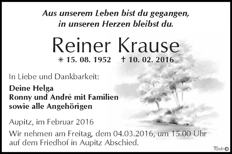  Traueranzeige für Reiner Krause vom 17.02.2016 aus WVG - Wochenspiegel NMB / WSF / ZTZ