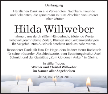 Traueranzeige von Hilda Willweber von Mitteldeutsche Zeitung Naumburg/Nebra