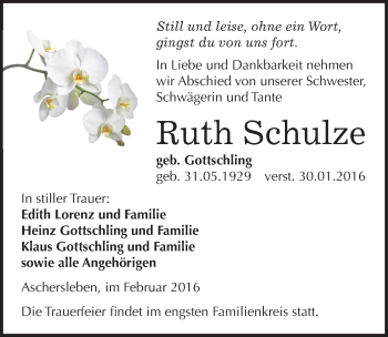 Traueranzeige von Ruth Schulze von Mitteldeutsche Zeitung Aschersleben