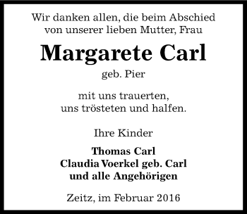 Traueranzeige von Margarete Carl von Mitteldeutsche Zeitung Zeitz