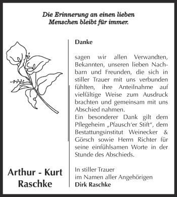 Traueranzeige von Arthur-Kurt Raschke von Super Sonntag Bernburg
