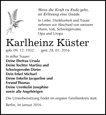 Traueranzeige von Karlheinz Küster von Mitteldeutsche Zeitung Wittenberg