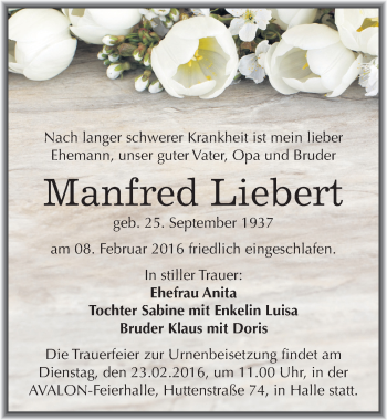 Traueranzeige von Manfred Liebert von Mitteldeutsche Zeitung Halle/Saalkreis