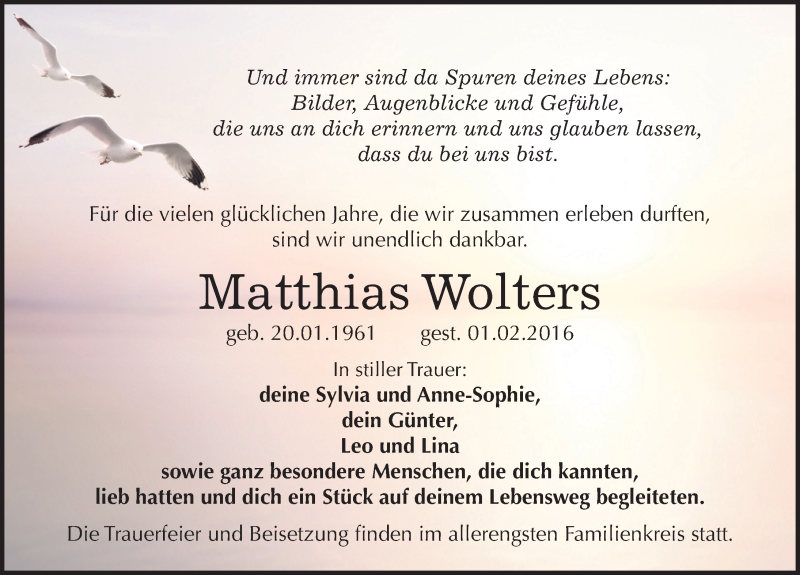  Traueranzeige für Matthias Wolters vom 10.02.2016 aus Mitteldeutsche Zeitung Köthen