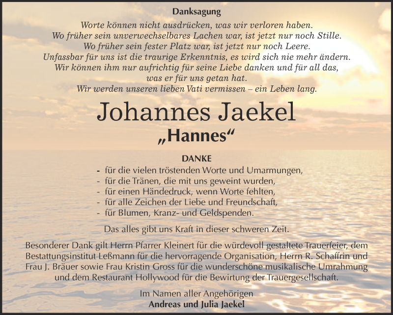  Traueranzeige für Johannes Jaekel vom 06.02.2016 aus WVG - Wochenspiegel Wittenberg