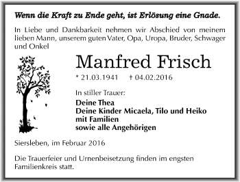 Traueranzeige von Manfred Frisch von Mitteldeutsche Zeitung Mansfelder Land