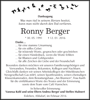 Traueranzeige von Ronny Berger von Super Sonntag SGH Mansf. Land
