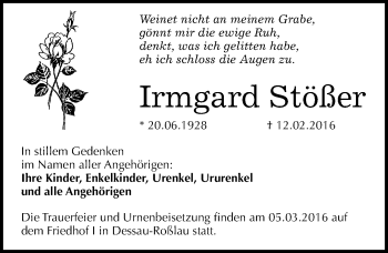 Traueranzeige von Irmgard Stößer von Mitteldeutsche Zeitung Dessau-Roßlau