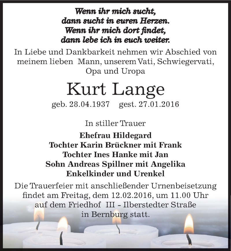  Traueranzeige für Kurt Lange vom 03.02.2016 aus Mitteldeutsche Zeitung Bernburg