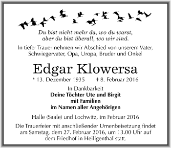 Traueranzeige von Edgar Klowersa von Mitteldeutsche Zeitung Halle/Saalkreis