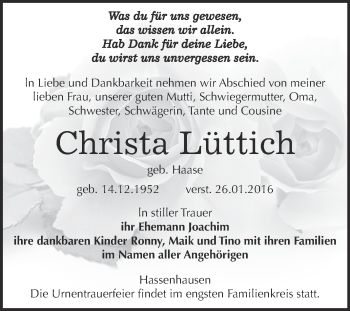 Traueranzeige von Christa Lüttich von WVG - Wochenspiegel NMB / WSF / ZTZ