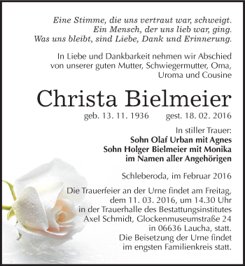 Traueranzeige von Christa Bielmeier von Mitteldeutsche Zeitung Naumburg/Nebra