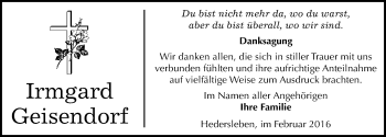 Traueranzeige von Irmgard Geisendorf von Mitteldeutsche Zeitung Quedlinburg