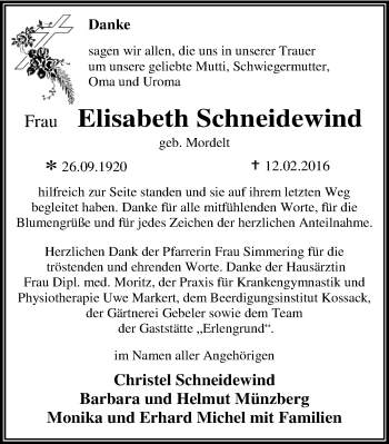 Traueranzeige von Elisabeth Schneidewind von Mitteldeutsche Zeitung Dessau-Roßlau