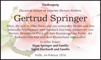 Traueranzeige von Gertrud Springer von Mitteldeutsche Zeitung Halle/Saalkreis