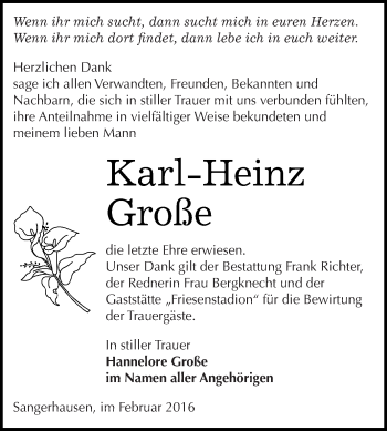 Traueranzeige von Hannelore Große von Super Sonntag SGH Mansf. Land