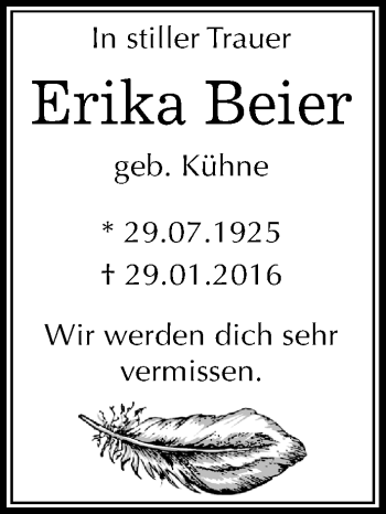 Traueranzeige von Erika Beier von Mitteldeutsche Zeitung Köthen