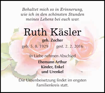 Traueranzeige von Ruth Käsler von WVG - Wochenspiegel NMB / WSF / ZTZ