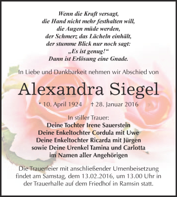 Traueranzeige von Alexandra Siegel von WVG - Wochenspiegel Bitterfeld