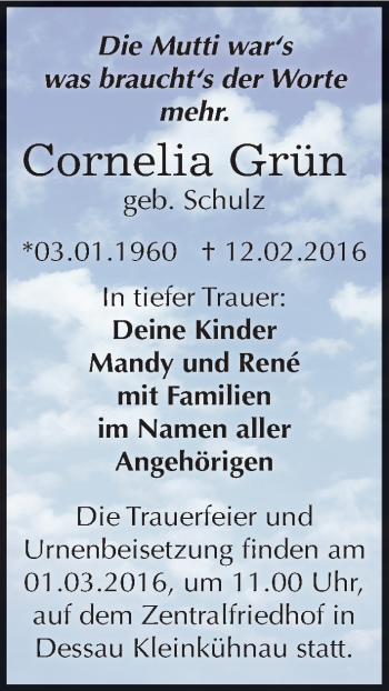 Traueranzeige von Cornelia Grün von Mitteldeutsche Zeitung Dessau-Roßlau