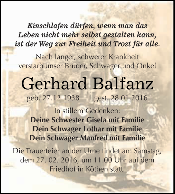 Traueranzeige von Gerhard Balfanz von WVG - Wochenspiegel Dessau / Köthen