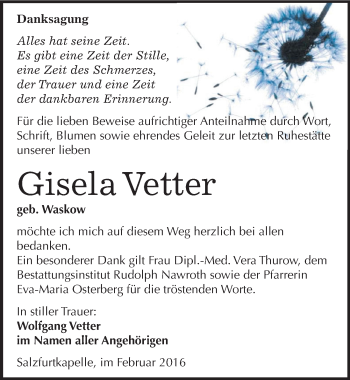 Traueranzeige von Gisela Vetter von Mitteldeutsche Zeitung Bitterfeld