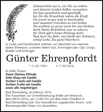 Traueranzeige von Günter Ehrenpfordt von Mitteldeutsche Zeitung Merseburg/Querfurt