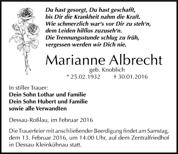 Traueranzeige von Marianne Albrecht von Mitteldeutsche Zeitung Dessau-Roßlau