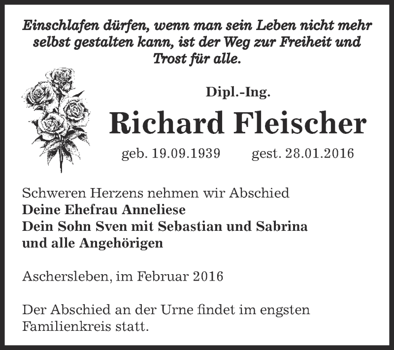  Traueranzeige für Richard Fleischer vom 03.02.2016 aus Super Sonntag Aschersleben