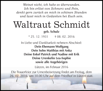 Traueranzeige von Waltraut Schmidt von WVG - Wochenspiegel NMB / WSF / ZTZ